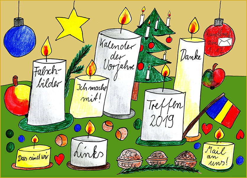 gemalte Bäume, Nüsse, Weihnachtskugeln und Kerzen mit weiterführenden Links