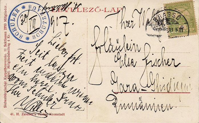 Rückseite der vorhergehenden Ansichtskarte mit einem handgeschriebene Urlaubsgruß von Willi an Fräulein Elsa Fischer