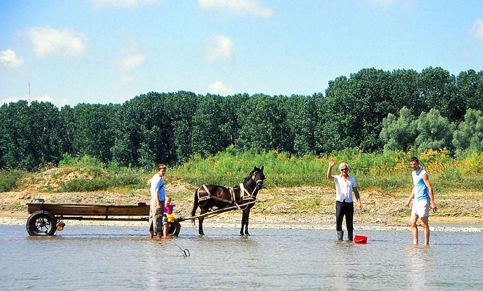 Familie steht mit Pferdefuhrwerk im Fluss