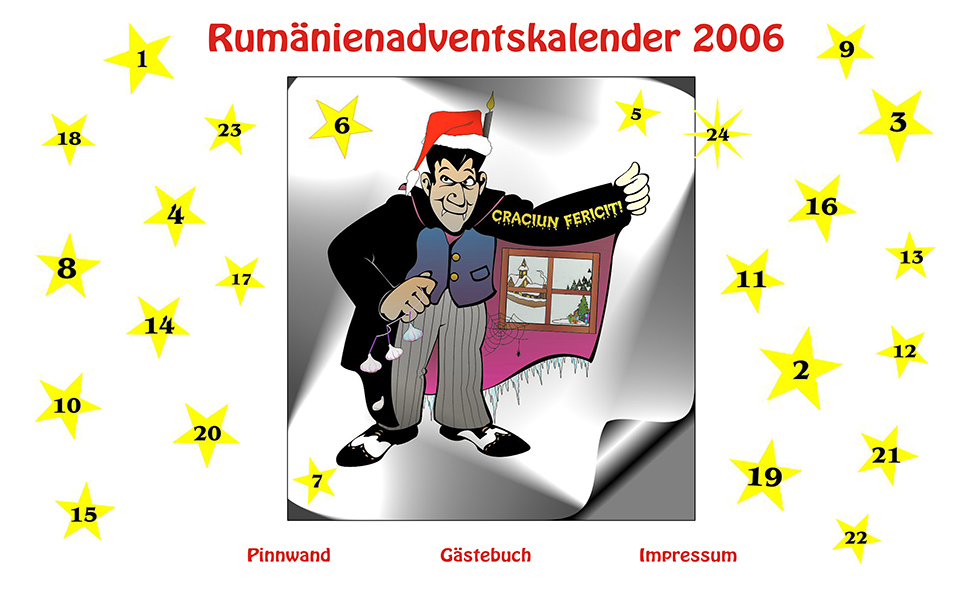 Titelbild mit einem Vampir mit Weihnachtsmütze, welcher seinen linken Arm zur Seite hält und auf seinem Umhang sieht man ein Fenster und dahinter eine verschneites Winterdorf. Links und rechts neben dem Bild sind 24 Sterne verteilt hinter welchen 24 Geschichten über Rumänien versteckt sind.