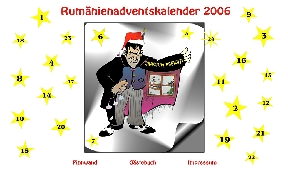 Vampir mit Weihnachtsmütze, im Bild sind 24 Sterne verteilt.