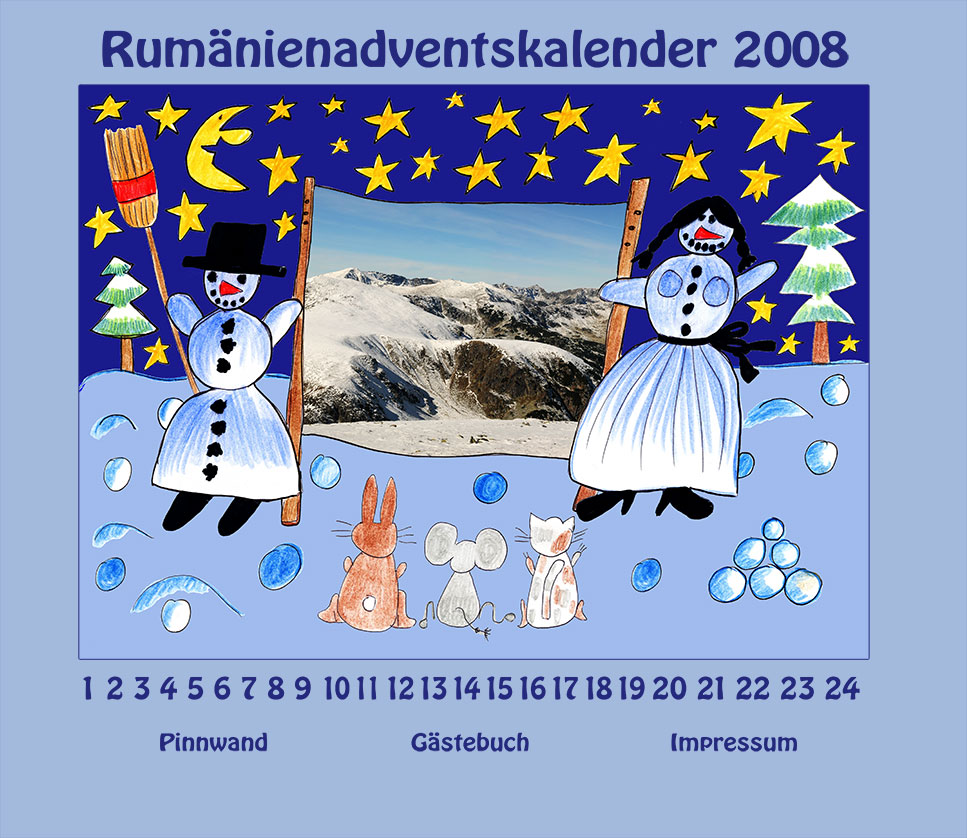 zwei Schneemänner halten ein Bild von einer Berglandschaft in der Hand. Unter dem Bild sind die Zahlen eins bis vierundzwanzig angeordnet.