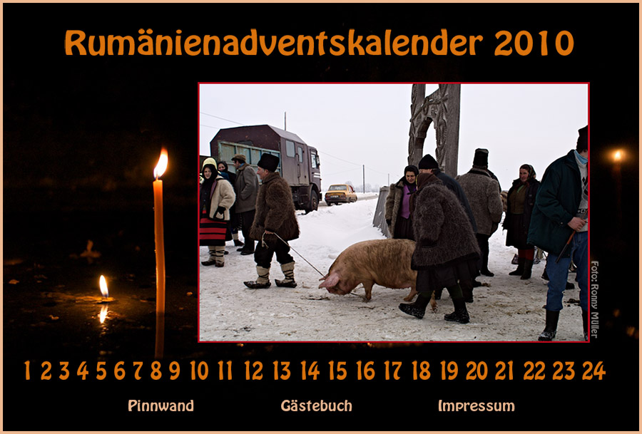 Titelbild des Rumänienadventskalenders 2010 mit Bauern welcher ein Schwein an einem Strick hinter sich herzieht