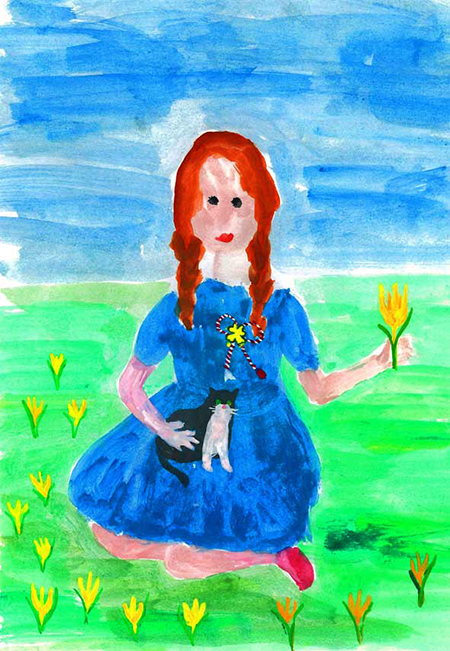 gemaltes knieendes Mädchen auf einer Wiese