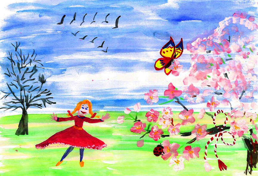 gemaltes Mädchen neben einem blühenden Baum