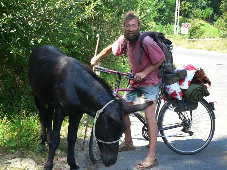 Mann mit Fahrrad steht neben einem Pferd