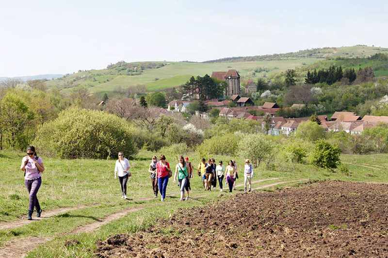 Menschen wandern aus einem Dorf