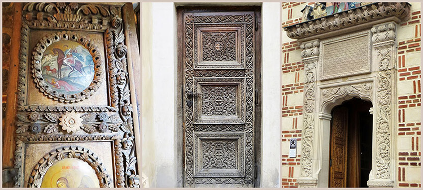 drei Bilder mit kunstvoll verzierten Türen