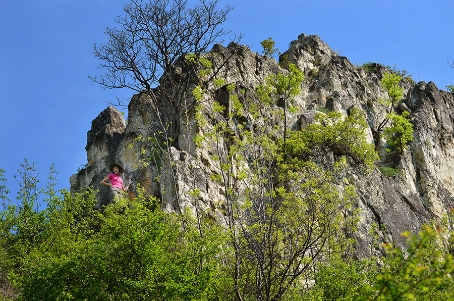 Mädchen steht neben einer Felsformation