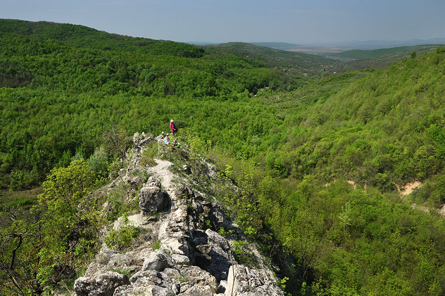 zwei Frauen stehen auf einem Fels mit Blick auf ein grünes Tal