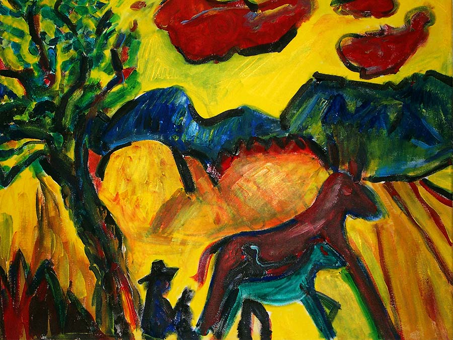 gemaltes Acrylbild eines Hirten mit einem Pferd mit bunten grellen Farben