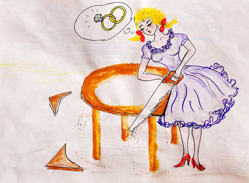 gemaltes Bild einer Frau welche alle Ecken eines Tisches absägt