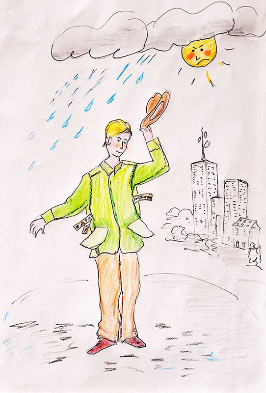 gemaltes Bild eines Mannes unuter einer Regenwolke
