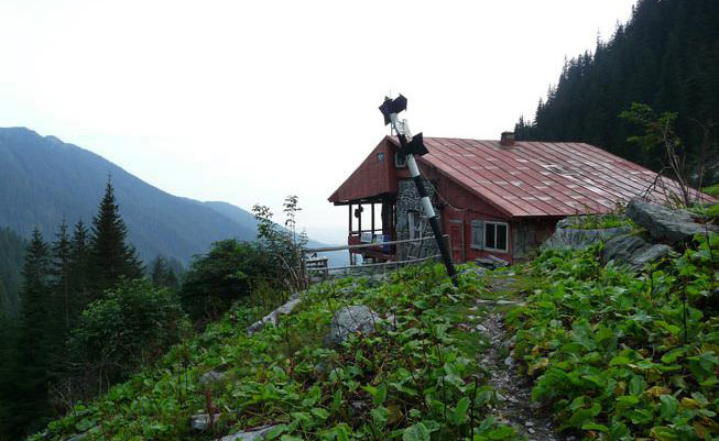 Schutzhütte vor bewaldeter Berglandschaft