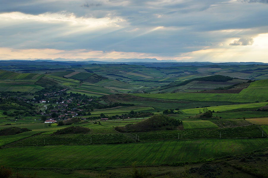 Hügellandschaft mit Feldern und einem Dorf im Tal