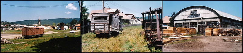 Bildercollage alte Waggons und Holzfabrik