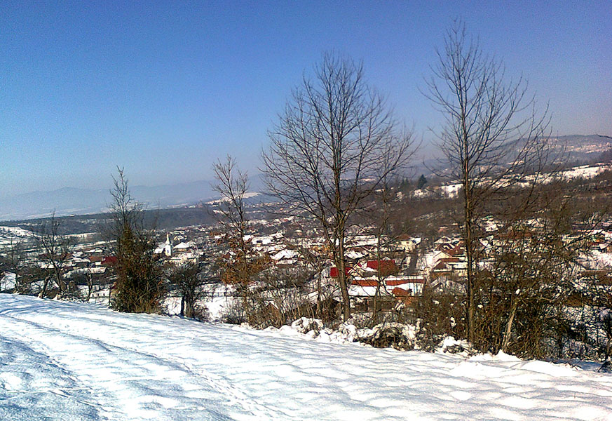 Winterlandschaft mit Dorf im Vordergrund und Bergen im Hintergrund