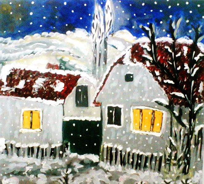 gemaltes Bild eines verschneiten Bauernhauses