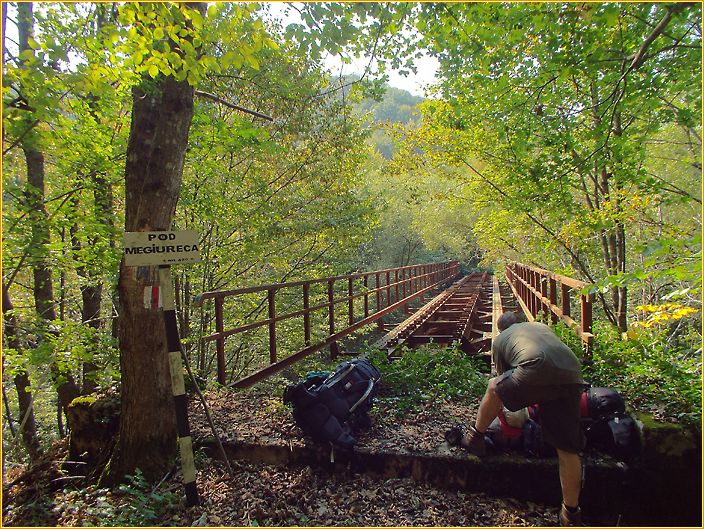 Hans steht vor einer alten Eisenbahnbrücke aus Stahl mit demontierten Schienen
