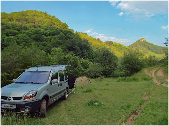 Auto und Zelt stehen auf einem Stück Rasen neben einem Waldweg