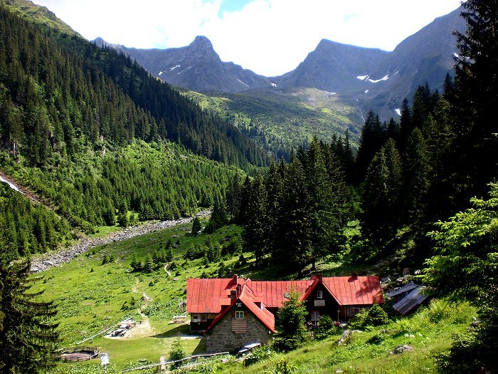 bewaldete Berglandschaft mit Cabana im Tal