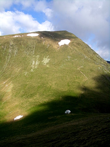 Berghang mit grüner wiese und einigen Schneefeldern
