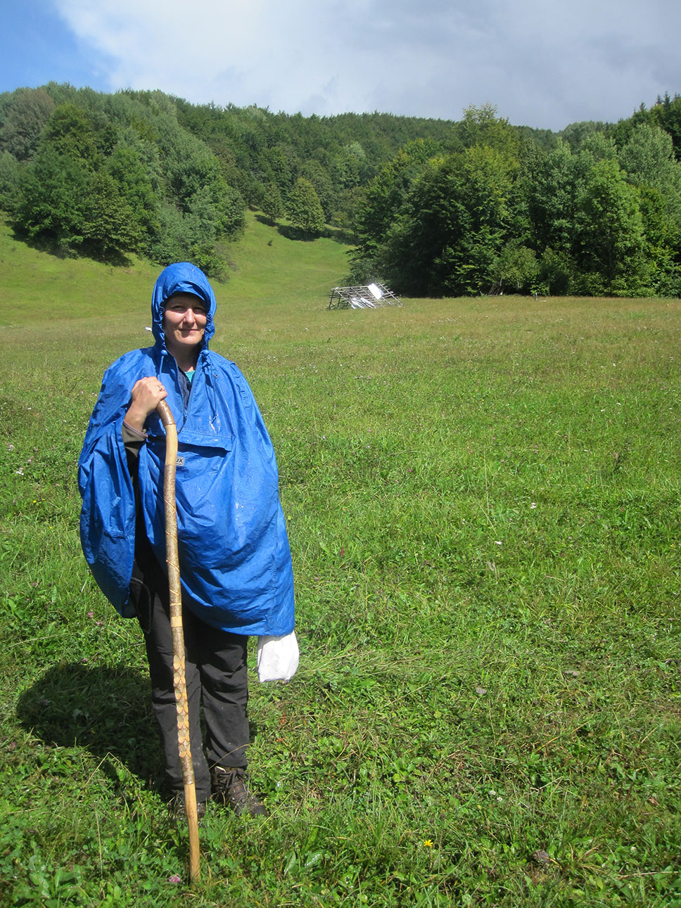 Winnie in Regensachen mit ienem Wanderstock auf einer Wiese stehend