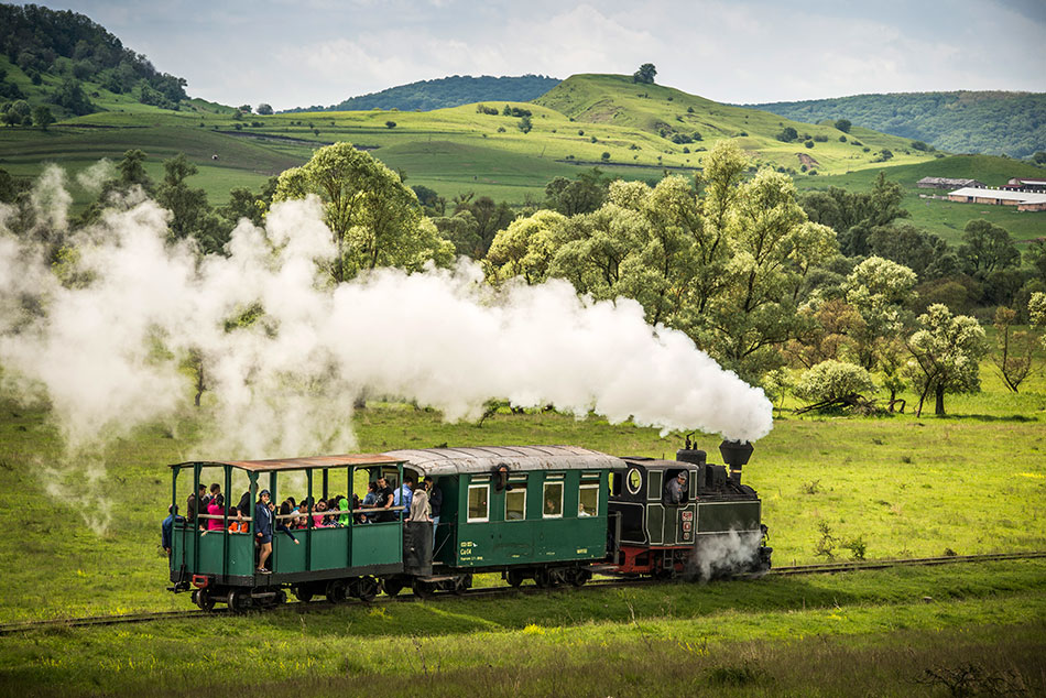 fahrender Zug mit zwei Hängern