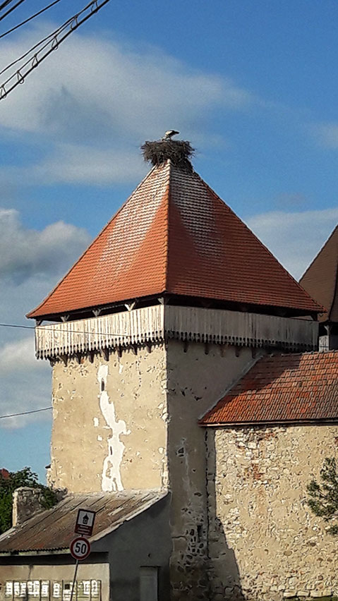 Turm der Kirchenburg mit Storchennest auf der Turmspitze