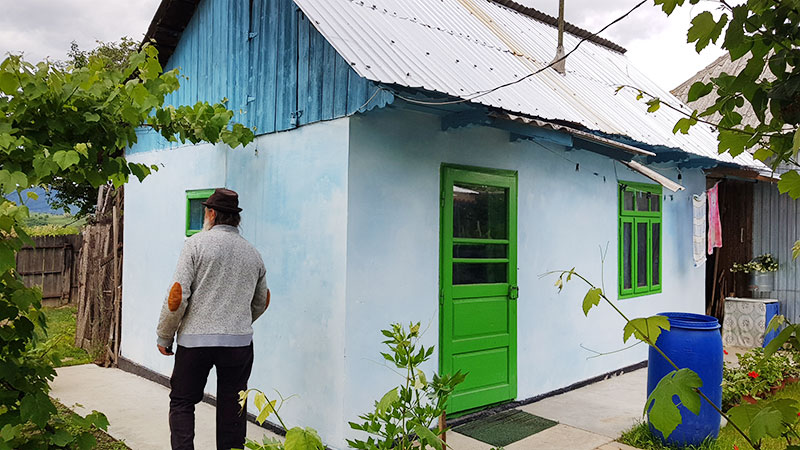 kleiens blaues Haus mit grüner Tür