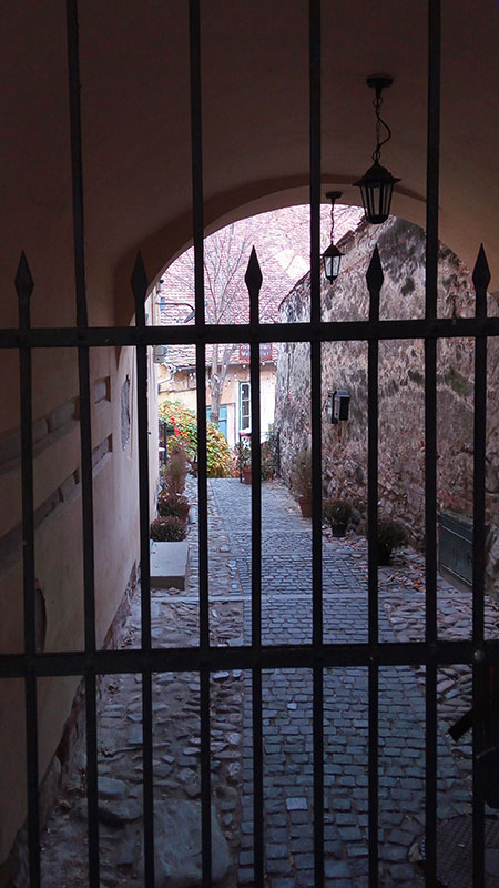 kleine Gasse mit vergitterter Tür