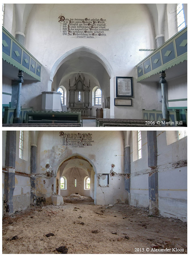 Kirchenschiff im gutem und demoliertem Zustand