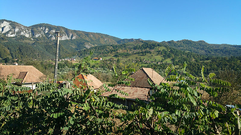 hinter Sträuchern sieht man ein Dorf in der Berglandschaft und bewaldete Felsklippen
