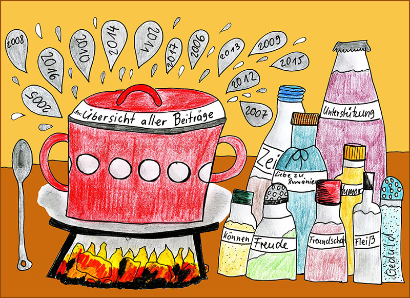 gemaltes Bild einer Feuerstelle mit Kochtopf und auf dem Dampfblen sind die alten Kalender von 2005 bis 2017 zu sehen und neben  der Feuerstelle stehen Gewürzflaschen