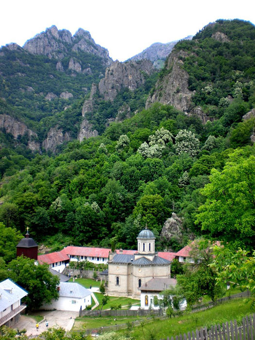 Kloster Stanischoara umrandet von Bäumen vor Felsmassiv von oben fotografiert