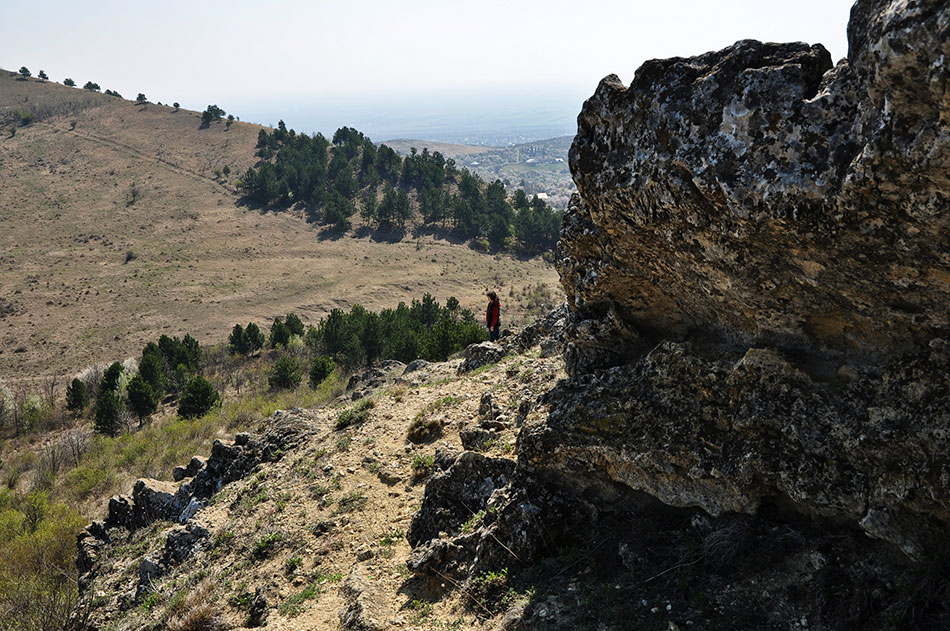 rechts im Bild ein Felsen und links eine weite Wiesenfläche mit einer Frau, welche in die Ferne schaut