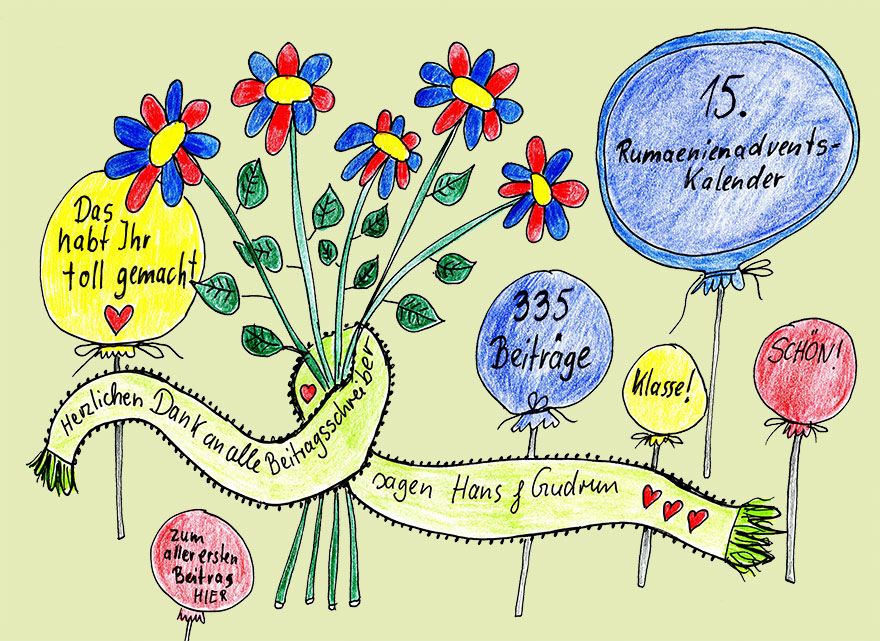 gemalter Blumenstrauß mit Luftballons und Dankesworten an die vielen Schreiber für 360 Geschichten über Rumänienn in 15 Adventskalender.