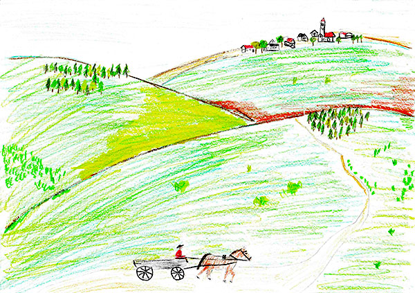 gemaltes Bild von Linnea miteiner Berglandschaft und einem Dorf am Horizint sowie einen Bauern auf einem Pferdefuhrwerk welches auf einem Weg Richtung Dorf fährt