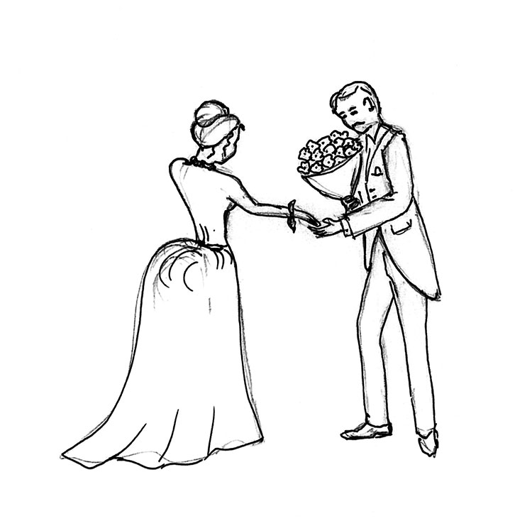 gemalte  Skizze von einem Mann in einem Anzug welcher einer Frau einen Blumenstrauß überreicht