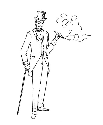 gemalte  Skizze von einem Mann in Frack , Zylinder und Stock und in einer Zigarre in der Hand