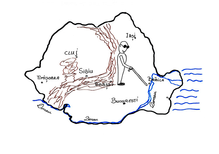 gemalte Skizze einer rumänsichen Landkarte auf welcher ein Blinder mit einem Stock steht