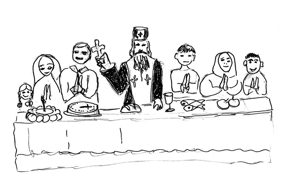 gemalte Skizze einer feierlichen Tafel mit einem Priester in der Mitte und betenden Menschen rechts und link