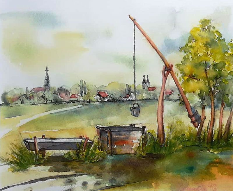 gemaltes Bild von einem Dorfbrunnen vor der Dorfkulisse