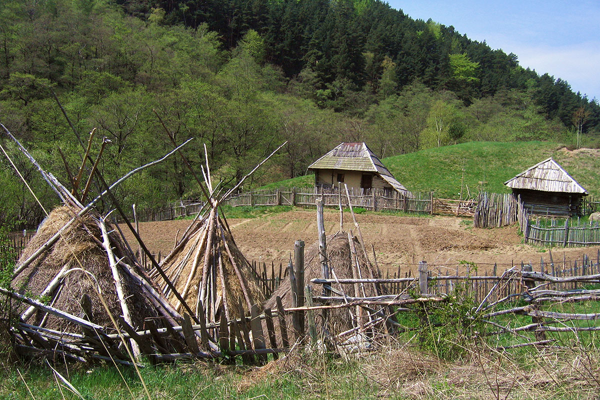 zwei kleine Holzhäuser stehen an einem eingezäunten Feld. Im vordergrund lagert Stroh