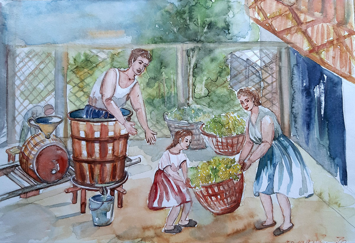 gemaltes Bild von einem Mann, welcher in einem Holzfass steht und auf einen Korb voller Weintrauben wartet, welcher ihm von einem Mädchen und einer Frau gereicht wird