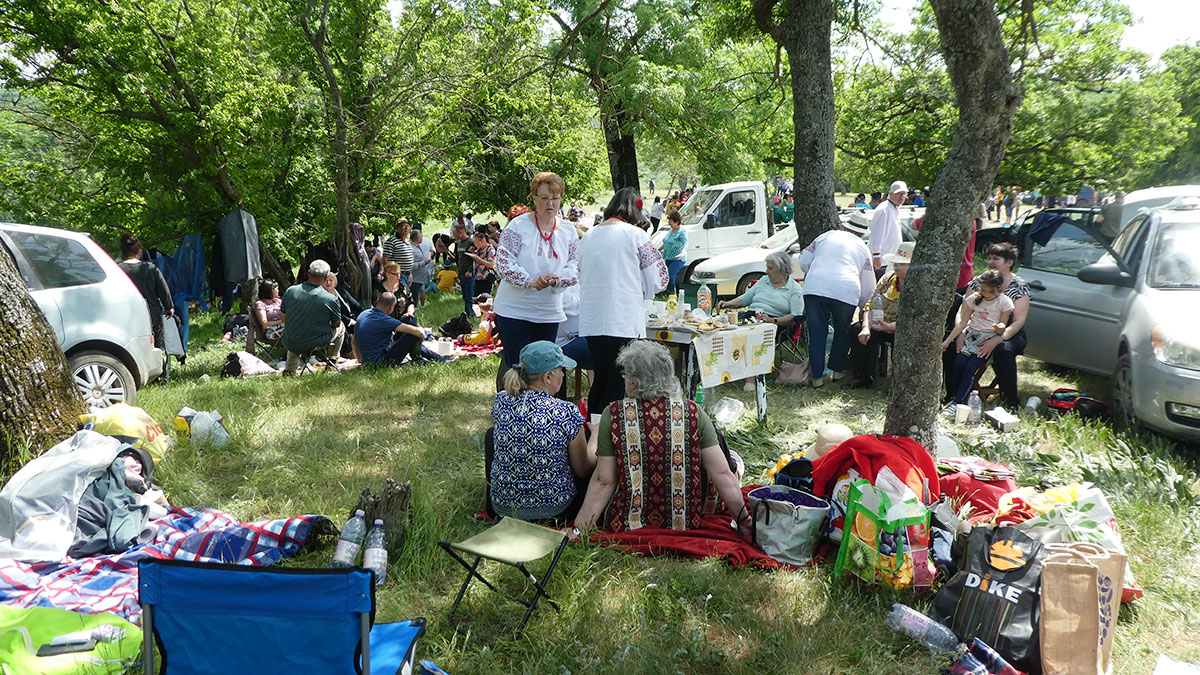 Menschen sitzen im Schatten auf einer Wiese