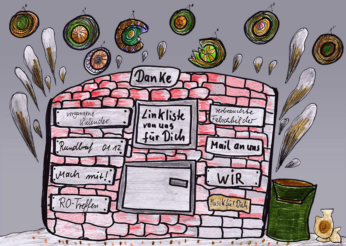 Töpferofen vor einer mit verschiedenen kunstvoll verzierten Tellern an der Wand