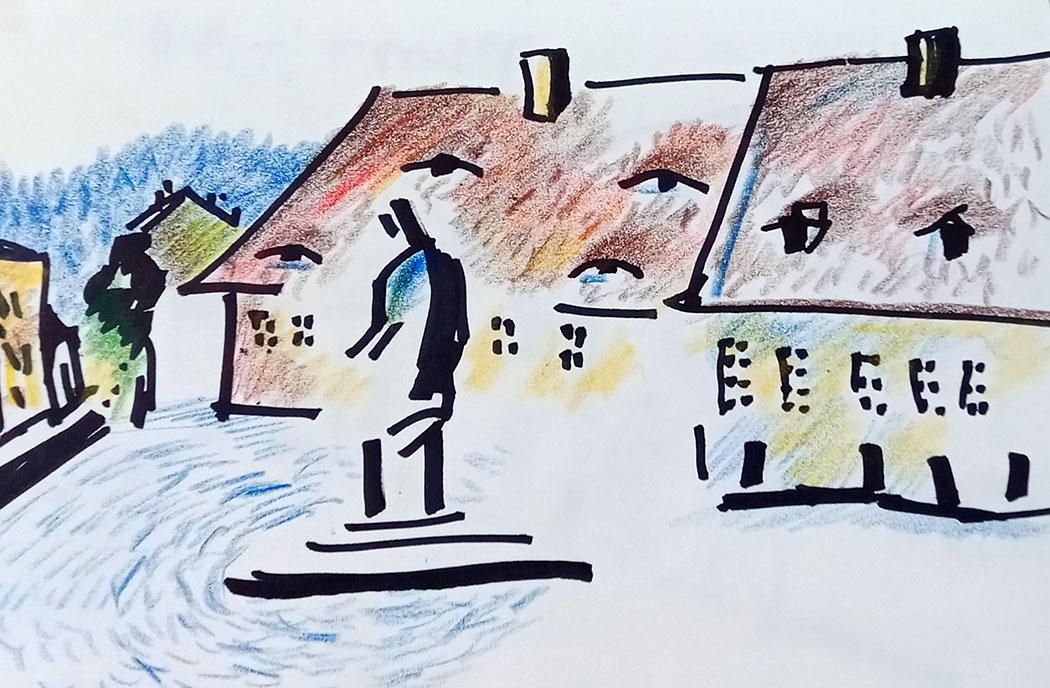 gemalter Markptlatz mit Denkmal
