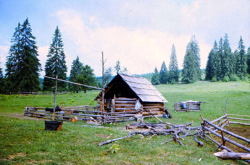 Holzhütte in Berglandschaft