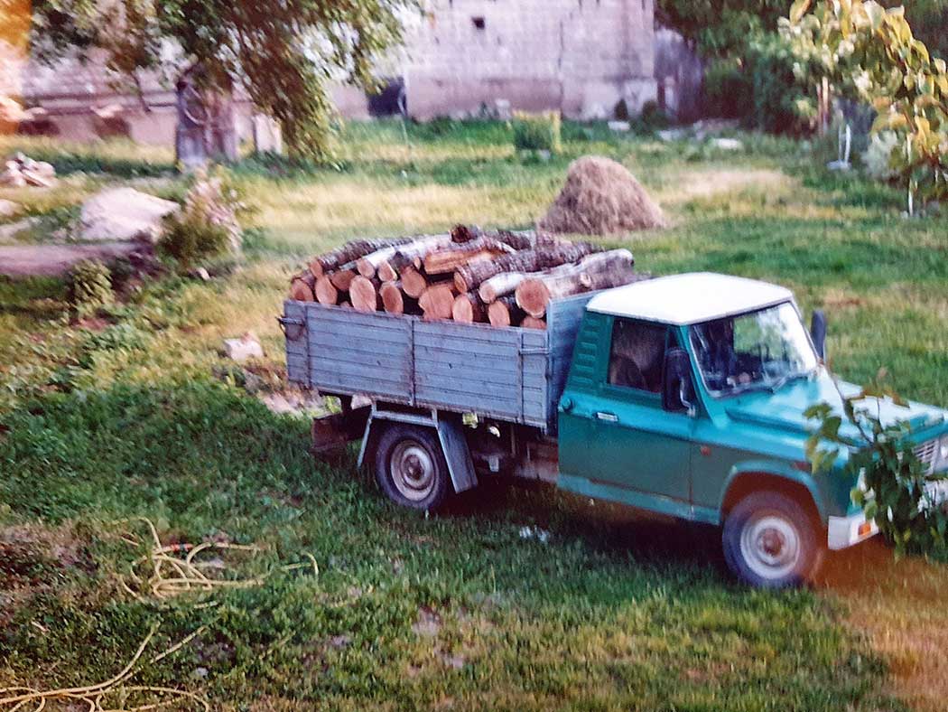 ein mit Holz beladenes Auto steht im Garten